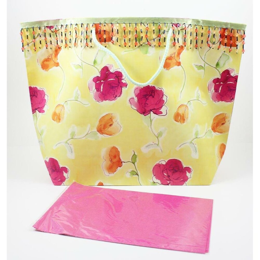 The Gift Wrap Company Fancy Gift Bag Flower Print Bead Trim & Tissue Paper